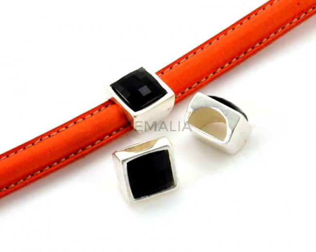 Zamak/Swarovski. Square. 13mm. Silver-Jet. Inn.10x5mm.