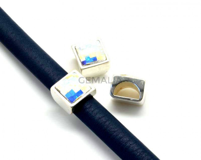 Zamak/Swarovski. Square. 13mm. Silver-Aurora Boreal. Inn.10x5mm.