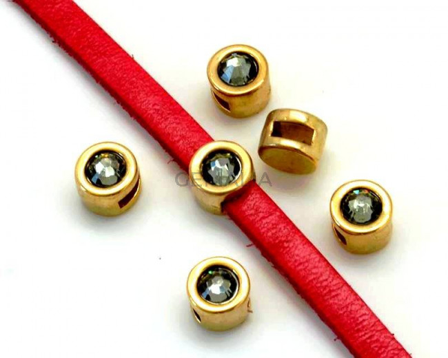 Zamak/Swarovski. Coin. 8mm. Gold-Black Diamond. Inn.5x2mm.