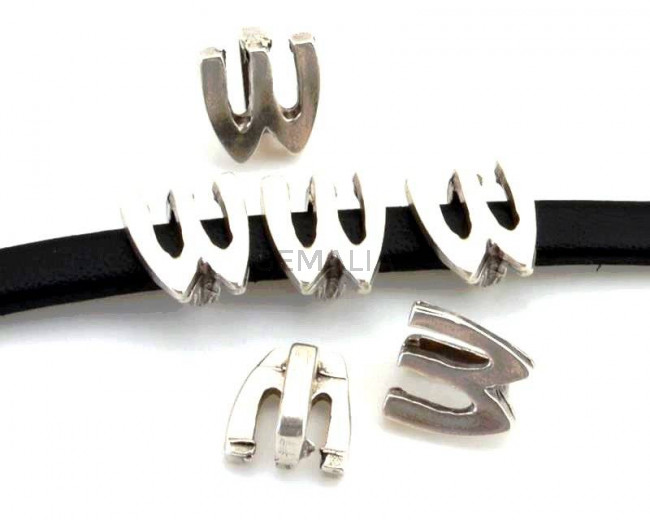 Zamak. Letter W. 9.5mm. Silver color. Inn.6x2.5mm.