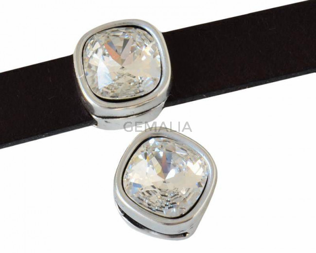 Zamak/SWAROVSKI slider. Square. 13x13mm. Silver. Crystal. Inn.10x2.5mm