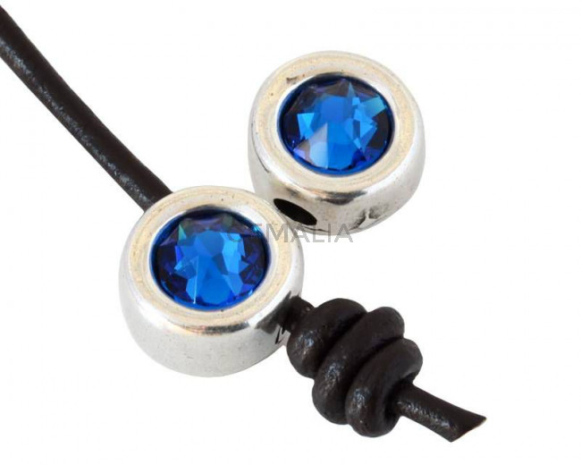 Zamak/SWAROVSKI slider. 12mm Coin. Silver-Capri Blue. Inn.3mm 