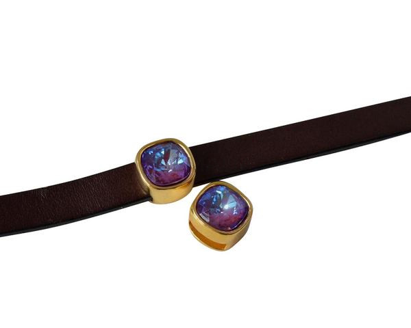 SWAROVSKI and Zamak slider. 13x13mm Square. Gold-Burgundy Delite. Inn.3mm 