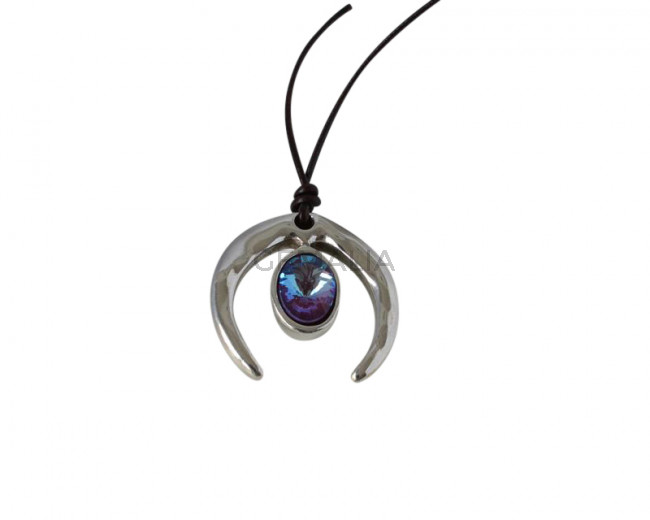 Swarovski and Zamak half moon pendant. 36x35mm. Silver-Burgundy Delite. Inn. 3mm.