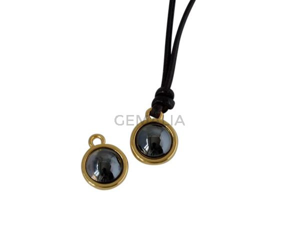 Swarovski and metal pendant coin 9x5x9.5mm. Gold-Jet Hematite Pearl. Inn1.8mm