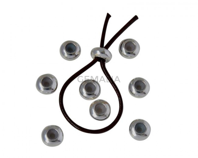 Bead stopper brass rondelle with silicone 8x4.3mm. Shiny silver. Inn.2mm