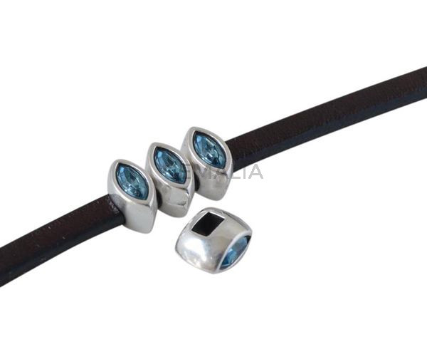 SWAROVSKI and metal slider navette 7.5x4mm. Silver-Aquamarine. Int.3x2mm