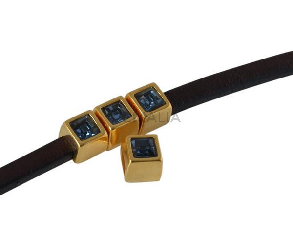 SWAROVSKI and metal slider square 5x5mm. Gold-Denim Blue. Int.3x2mm