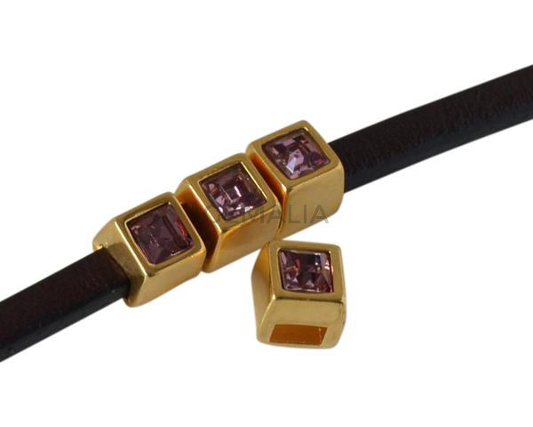 SWAROVSKI and metal slider square 5x5mm. Gold-Antique Pink. Int.3x2mm