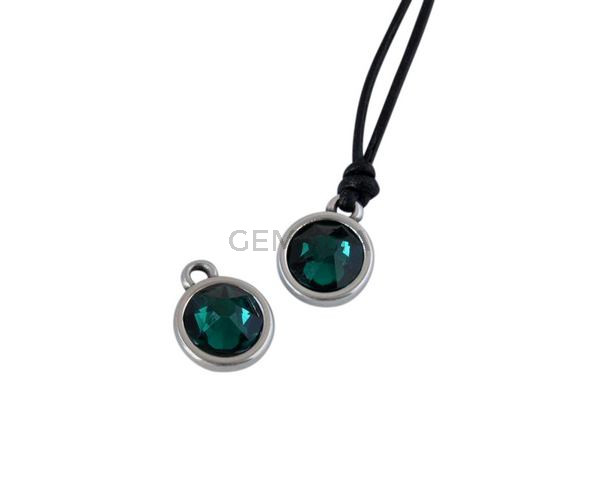 Swarovski and metal pendant coin 9x5x9.5mm. Silver-Emerald. Inn1.8mm