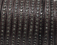 Flat Leather cord with strass. 6.5x3mm. Dark brown-crystal strass. Best Quality.