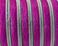 Colored cow hair leather cord. With chain. Flat. 10x1.5mm. Fuchsia-silver.Best Quality