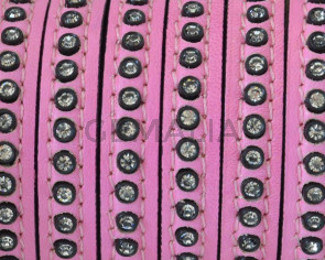 Flat Leather cord with strass. 8x3mm. Pink-crystal strass Best Quality.