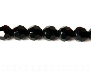 Glass beads, 14mm faceted round. black. 13-14inch strand.