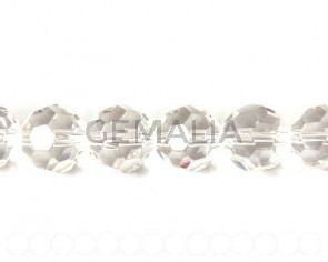 Glass beads, 14mm faceted round. clear. 13-14inch strand.
